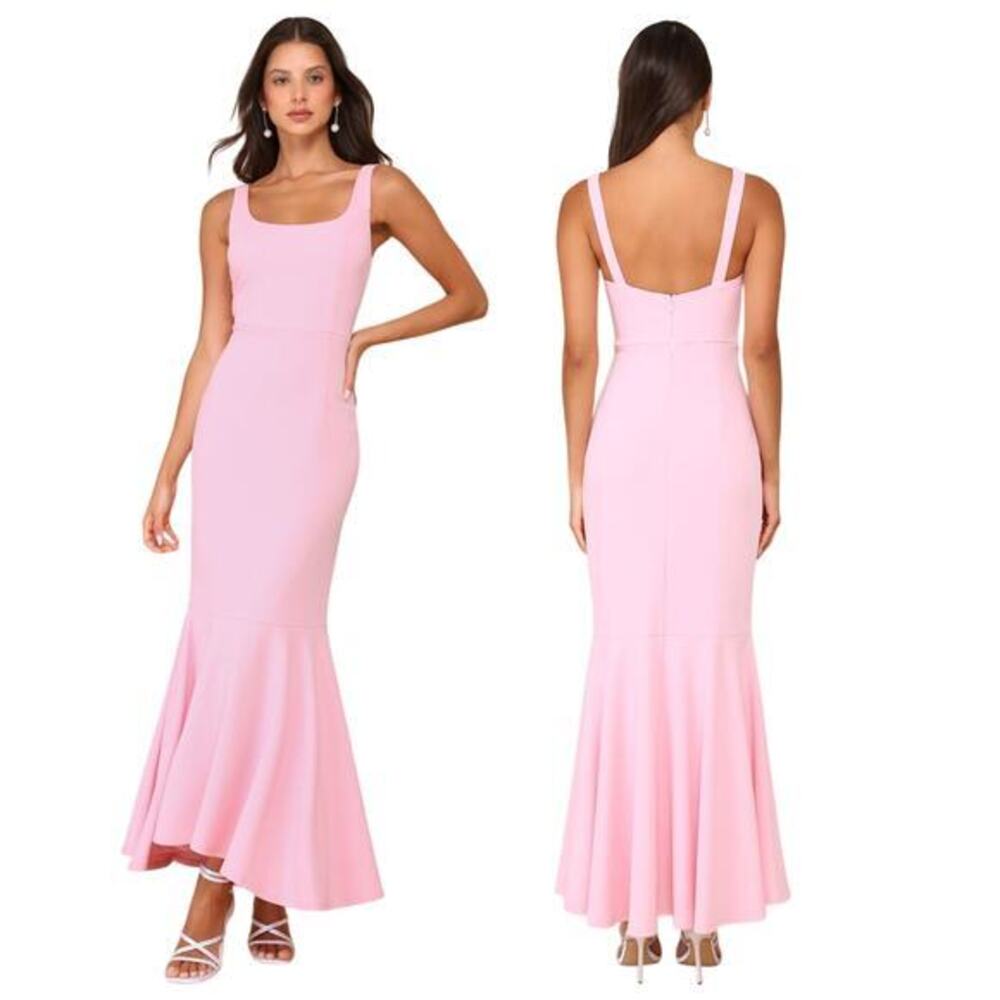 Lulus Romantic Destiny Light Pink Square Neck Trumpet Maxi Dress size Small NWT